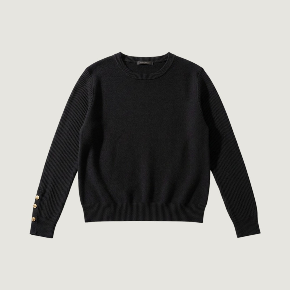 Aleeza Paris Sweater Women Medium Black Ribbed Sleeve Gold Button Cuff Crewneck - Picture 1 of 12
